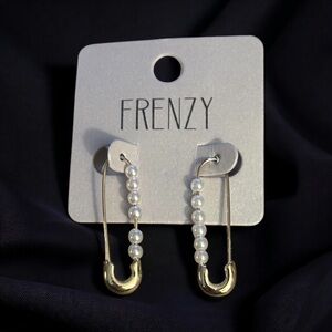 Frenzy gold tone pearls safety pin earrings